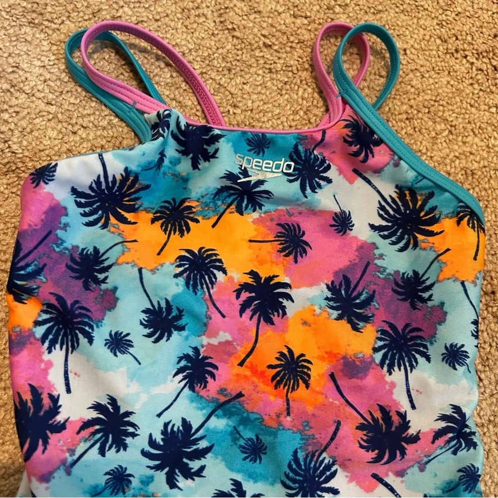 Speedo Girls One Piece Swim‎ Suit Tropical Palm Trees XS Pink Blue Orange